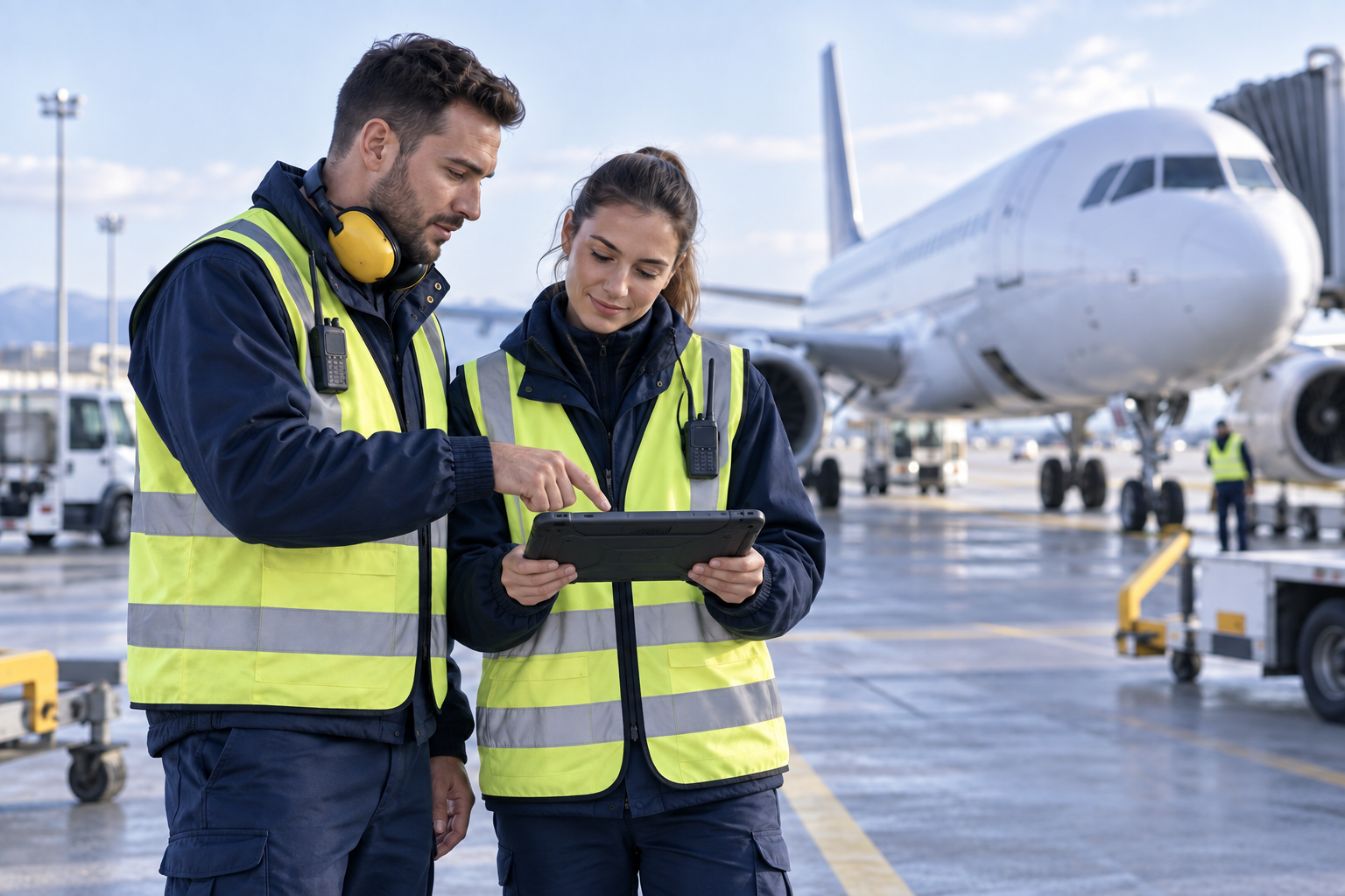 Illustration of two ground crew colleagues reviewing a tablet beside an aircraft