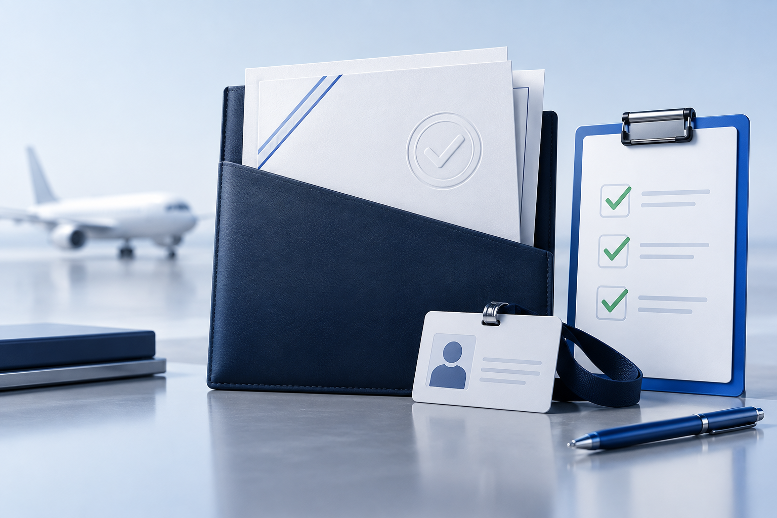 Illustration of qualification documents, an employee badge and a quality checklist